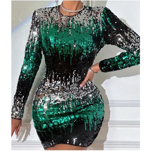 Luxe Sequin Long Sleeve Party Holiday Sexy Dress - Picture 2 of 11